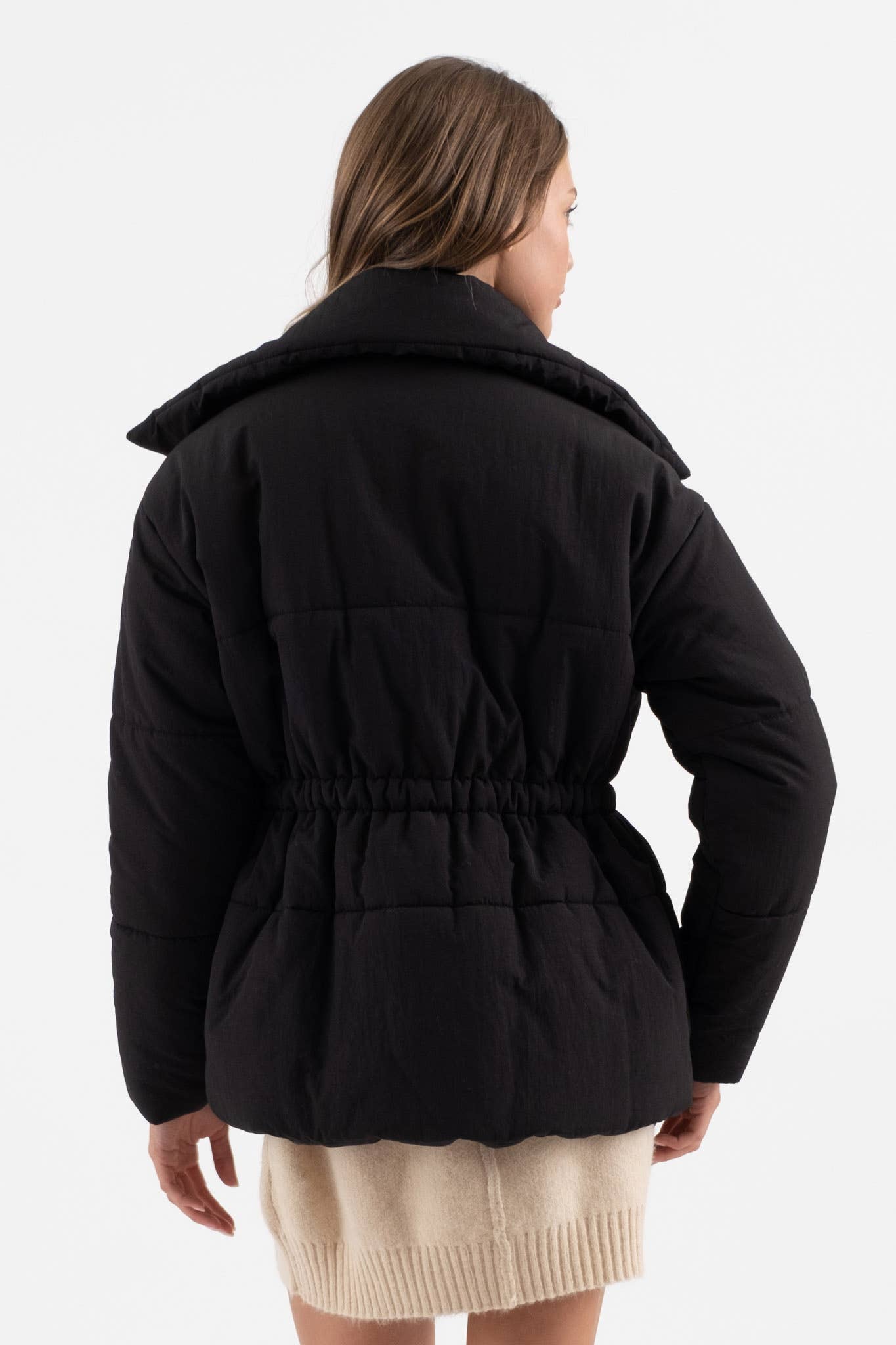 ELASTIC WAIST ZIP UP PUFFER JACKET: BLACK
