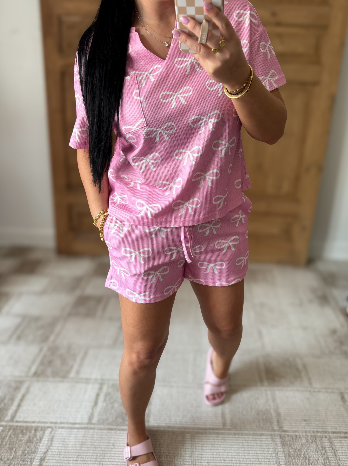 Bowknot Printed Notched T-Shirt and Shorts Set