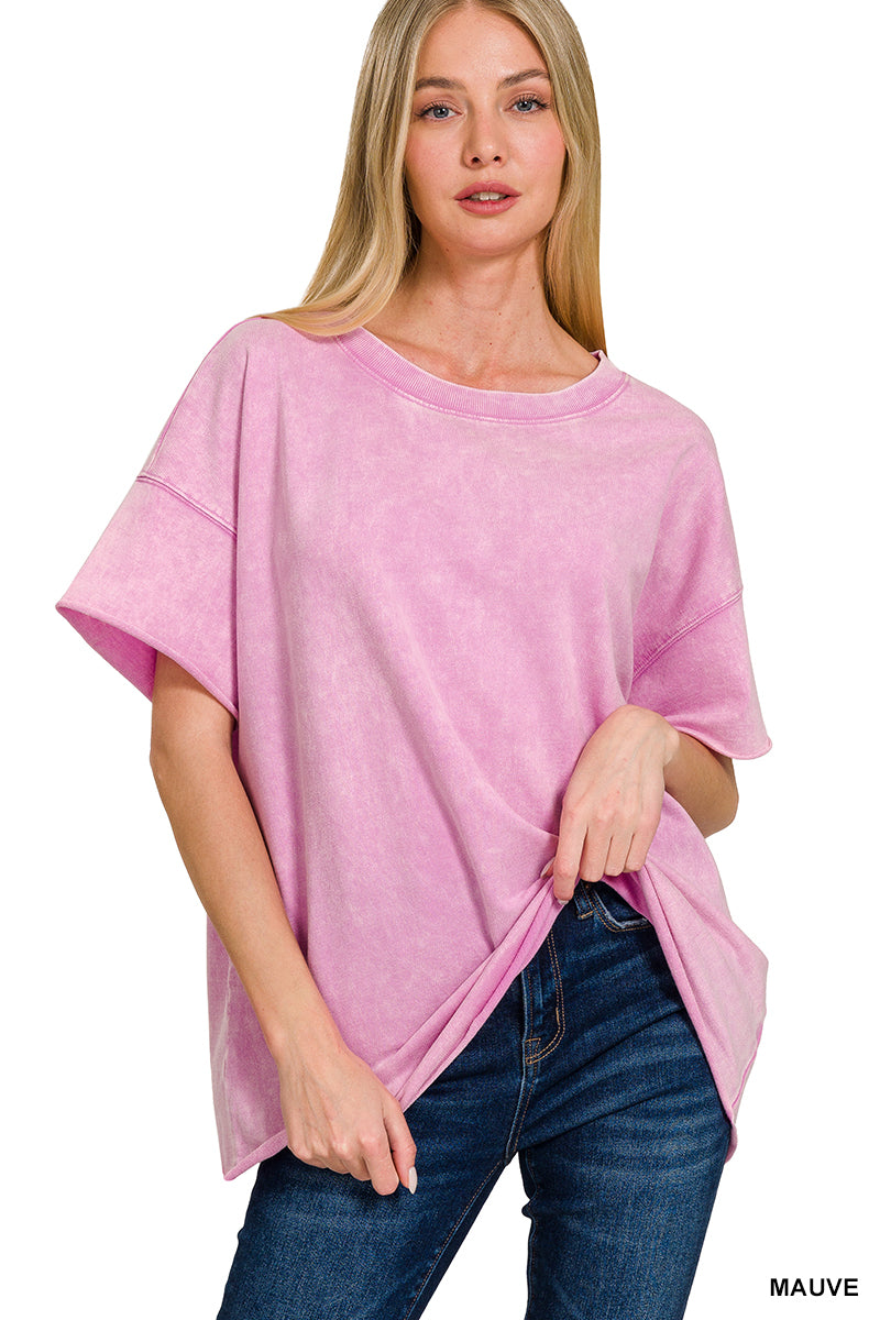 ZENANA FRENCH TERRY DROP SHOULDER RAW EDGE TOP