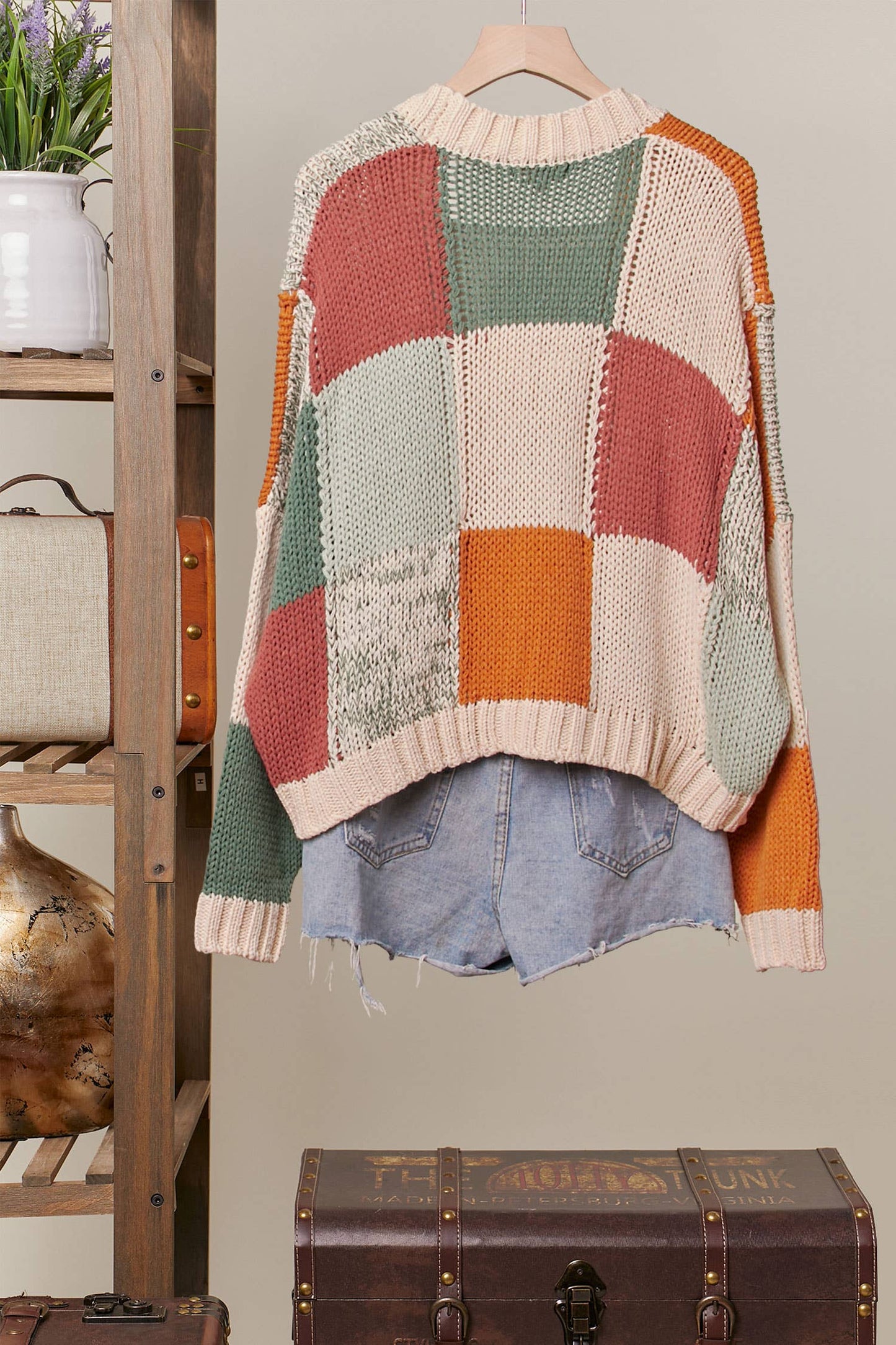 COLOR BLOCK CROCHET V NECK CARDIGAN SWEATER