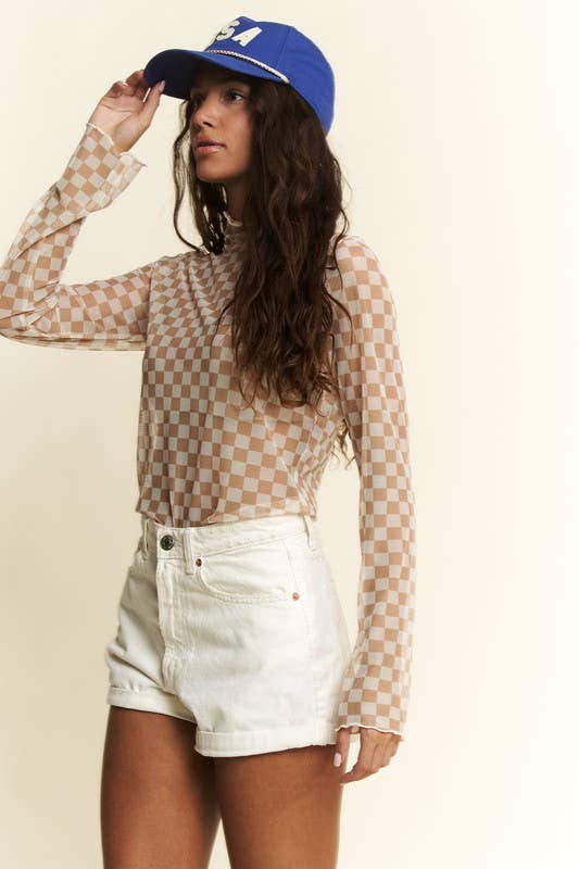 CHECKERBOARD PRINT MESH MOCK NECK TOP