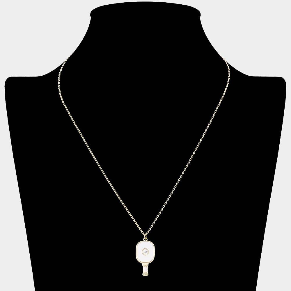 STONE POINTED ENAMEL PICKLEBALL PADDLE PENDANT NECKLACE (MULTIPLE COLORS)