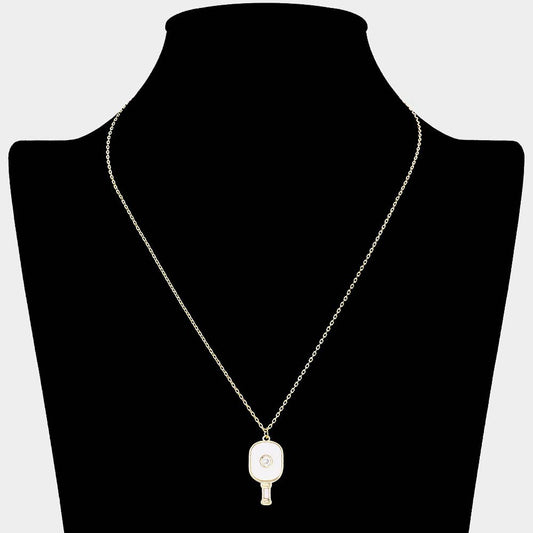 STONE POINTED ENAMEL PICKLEBALL PADDLE PENDANT NECKLACE (MULTIPLE COLORS)