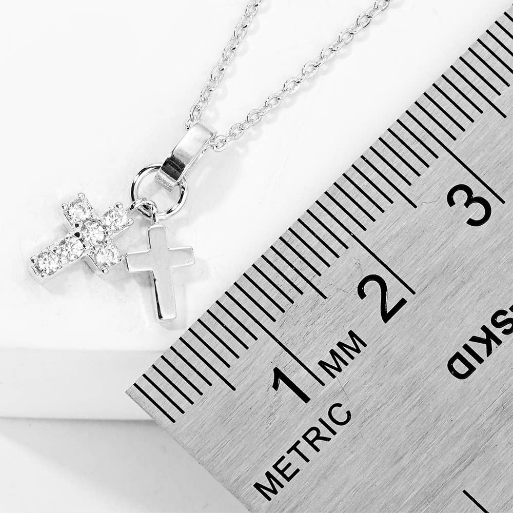 GOLD DIPPED CZ STONE PAVED DOUBLE CROSS PENDANT NECKLACE (SILVER & GOLD)