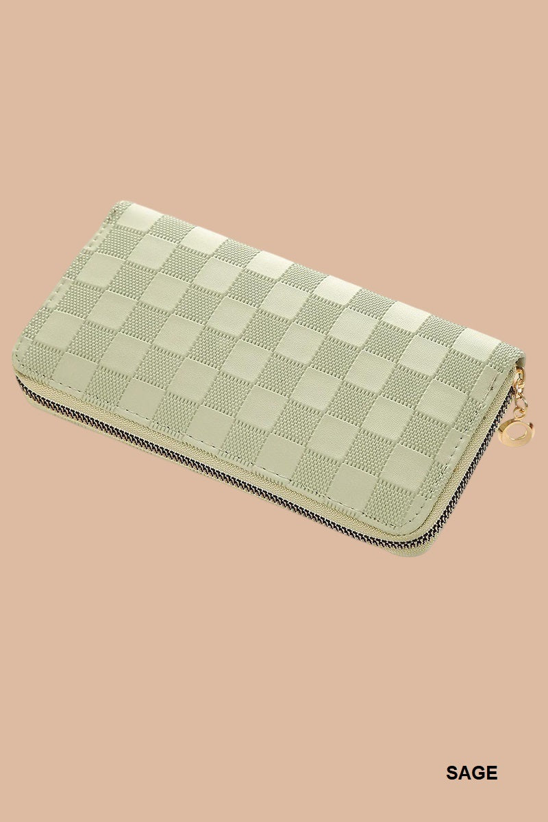 CHECKERED MONOGRAM VEGAN LEATHER LONG WALLET SAGE