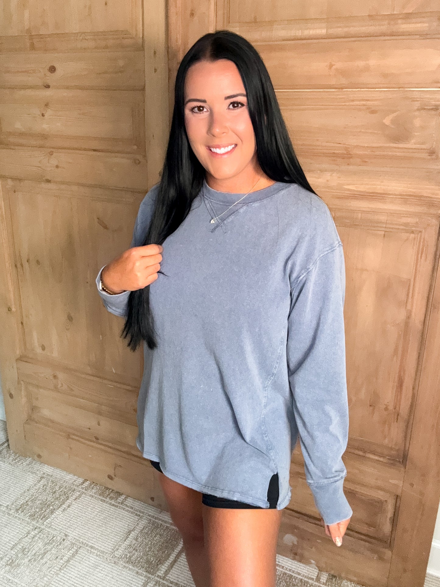 MINERAL WASHED DROP SLEEVE OVERSIZED LONG SLEEVE- Denim Blue