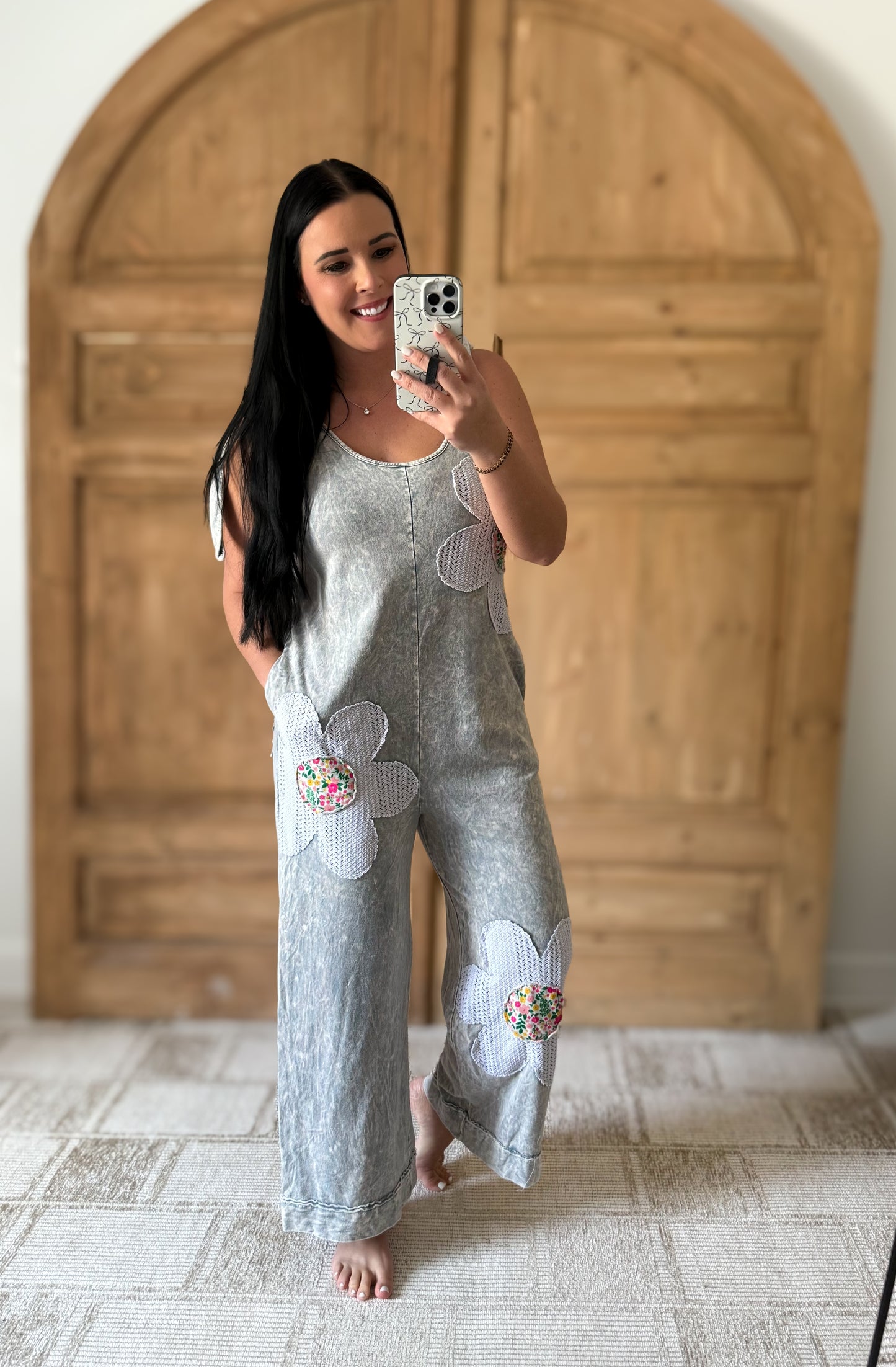 J.HER MINERAL WASHED FLOWER PATCHED BOW JUMPSUIT SILVER GREY