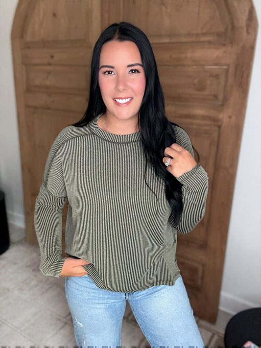 ON THE RUN RIBBED LONG SLEEVE STRETCHY TOP- Dark Olive