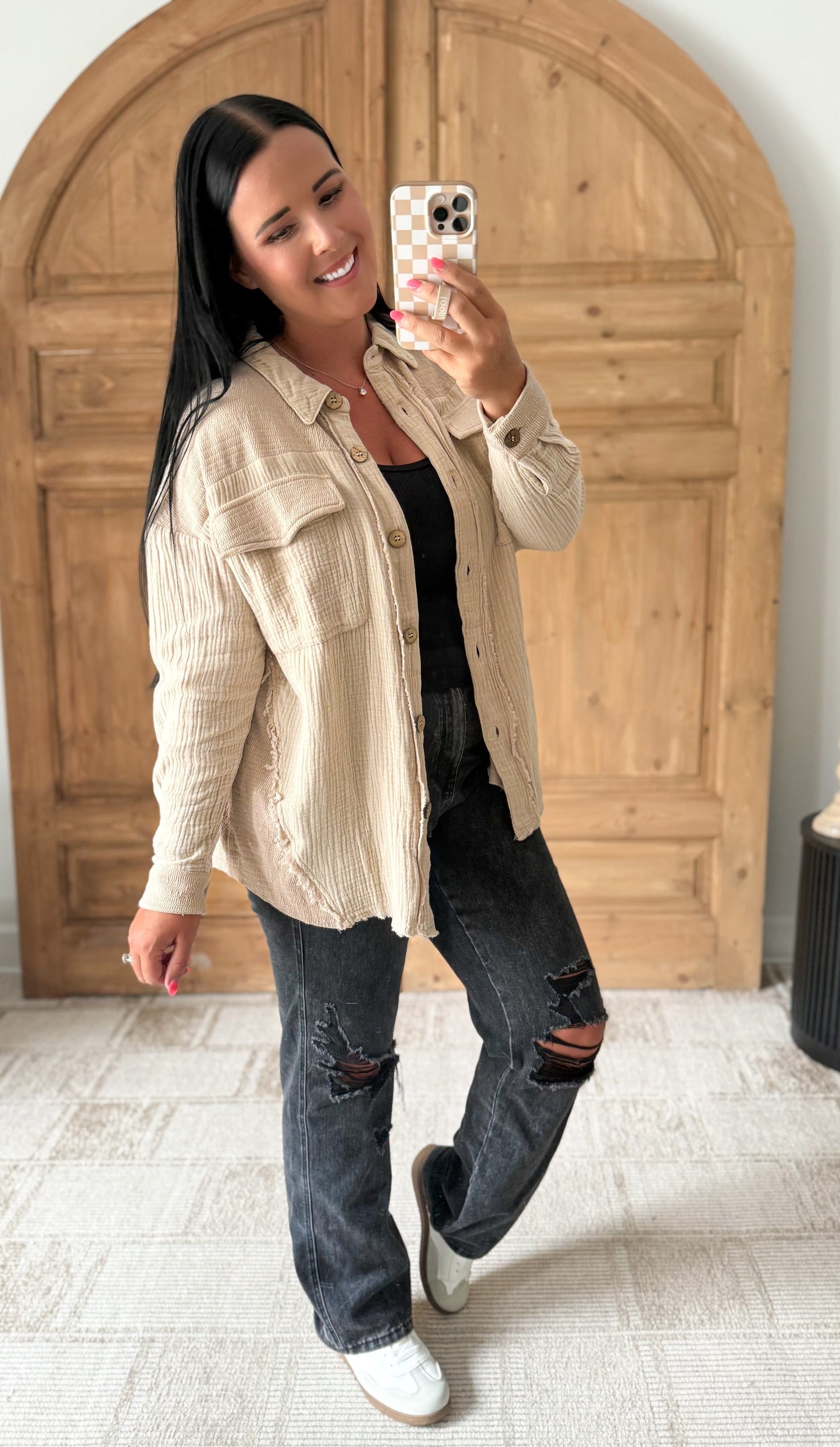 JOHNNY GAUZE KNIT BUTTON DOWN LAYERING TOP-MOCHA