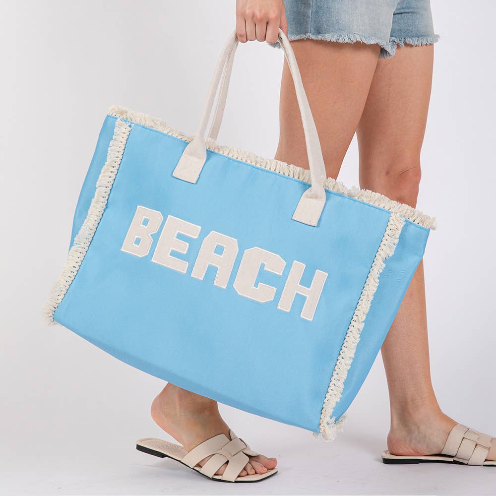 BEACH Message Embroidered Fringe Tote Bag / Beach Bag
: Blue