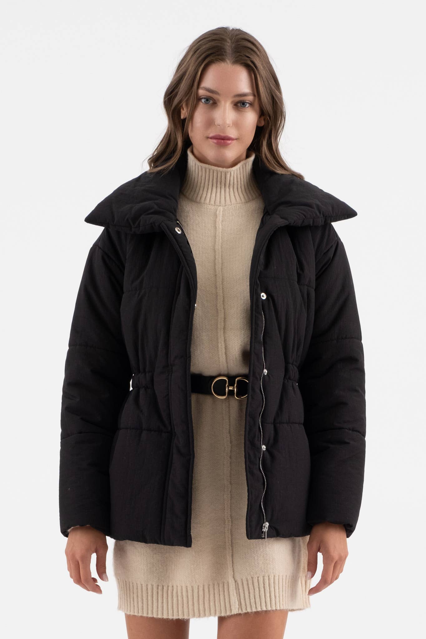 ELASTIC WAIST ZIP UP PUFFER JACKET: BLACK