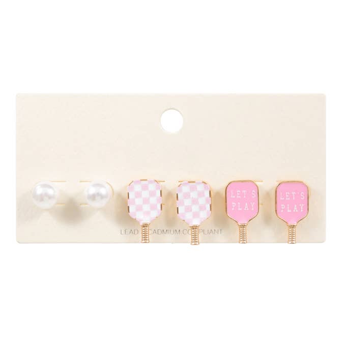 3PAIRS ENAMEL PICKLEBALL PADDLE PEARL STUD SET (MULTIPLE COLORS)