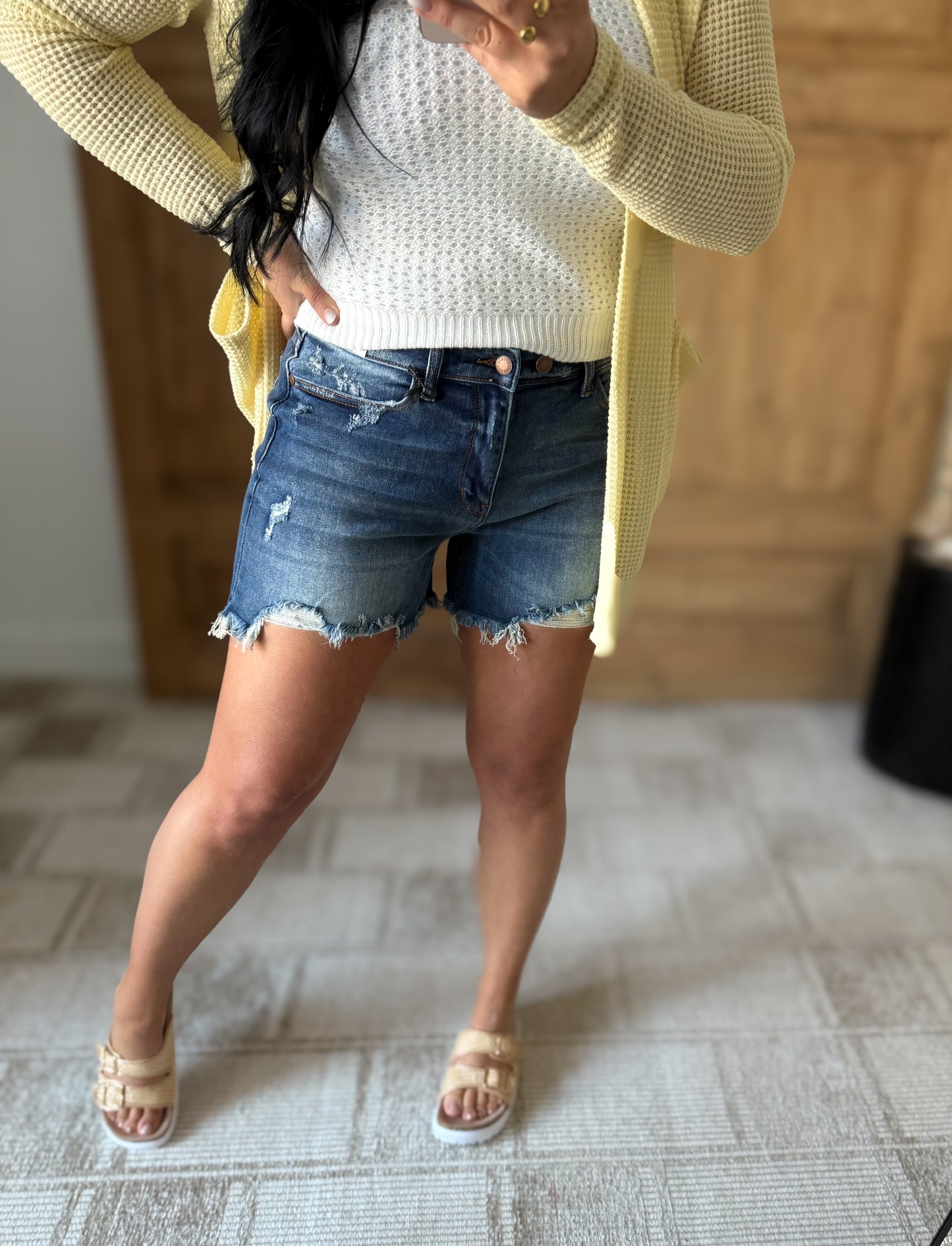 JUDY BLUE DOUBLE DUTY DARK DENIM SHORTS