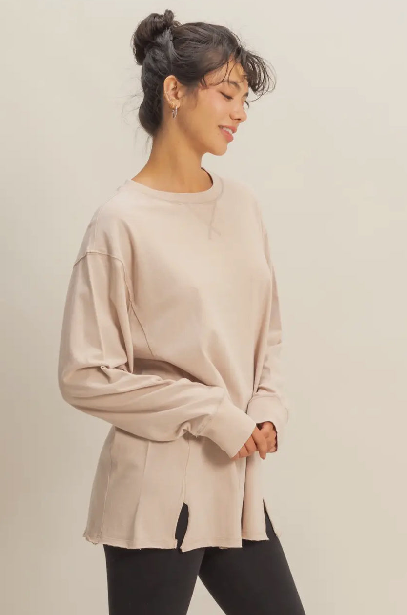 MINERAL WASHED DROP SLEEVE OVERSIZED LONG SLEEVE- Taupe