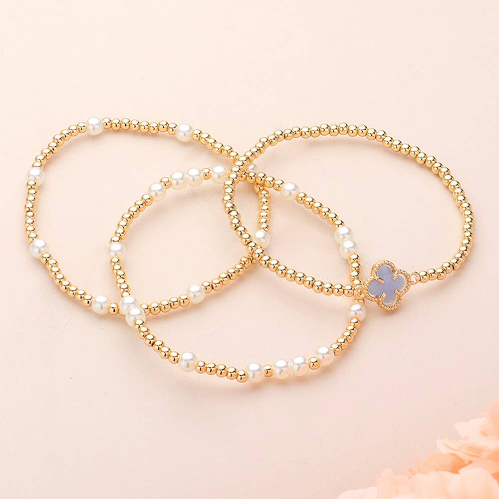 3PCS QUATREFOIL PEARL BEAD STRETCH MULTI LAYERED BRACELETS (MULTIPLE COLORS)