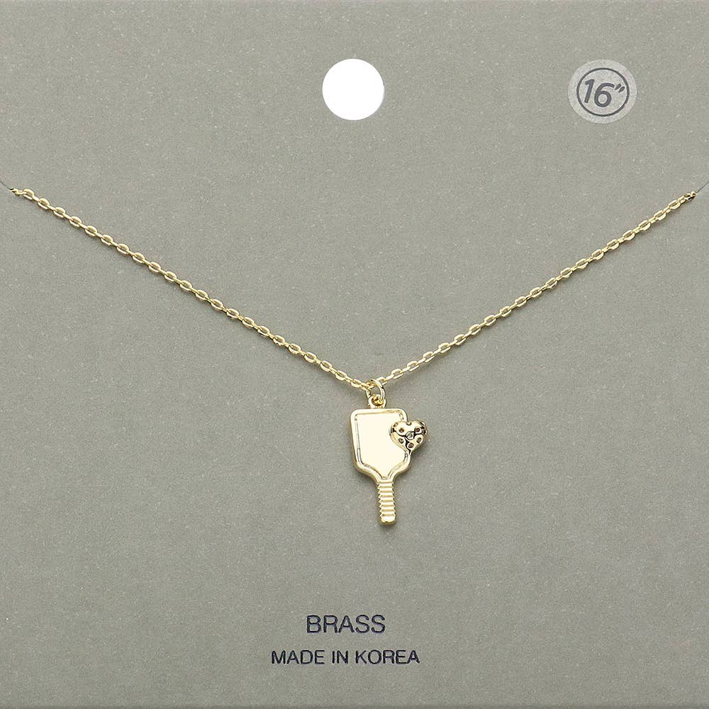 METAL HEART POINTED PICKLEBALL PADDLE PENDANT NECKLACE (SILVER & GOLD)