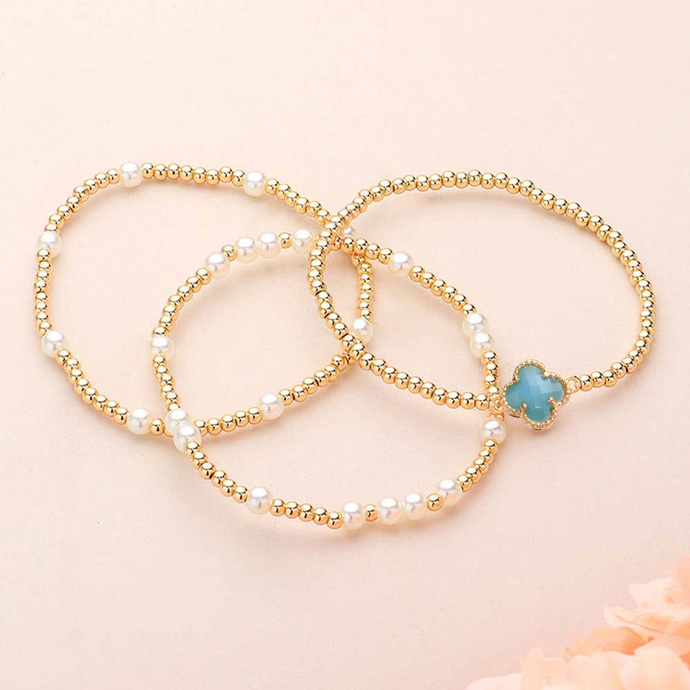 3PCS QUATREFOIL PEARL BEAD STRETCH MULTI LAYERED BRACELETS (MULTIPLE COLORS)