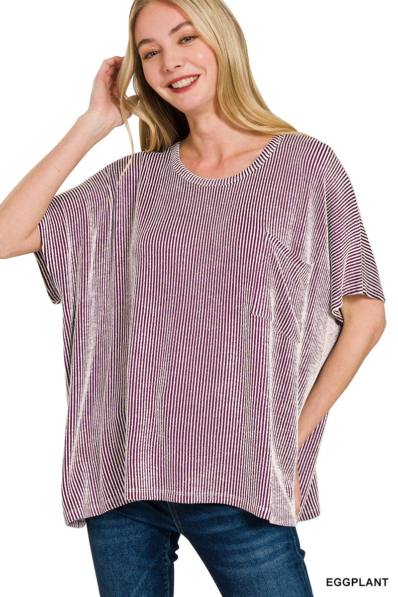 ZENANA CORDED RIB OVERSIZED SHORT SLEEVE TOP (**MULTIPLE COLORS)