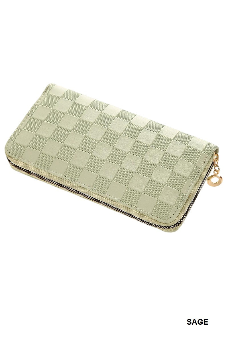 CHECKERED MONOGRAM VEGAN LEATHER LONG WALLET SAGE