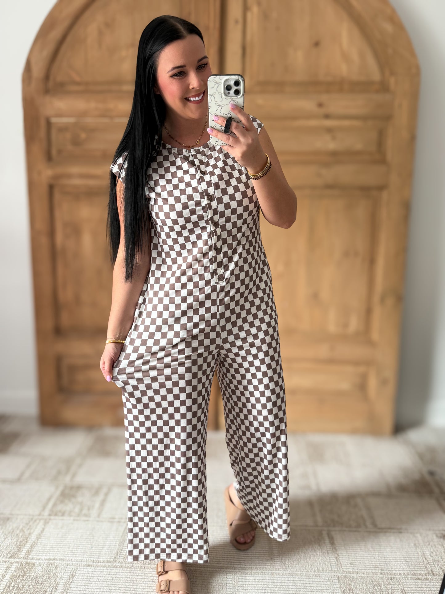 Checkered Print Crew Neck Wide Leg Jumpsuit
