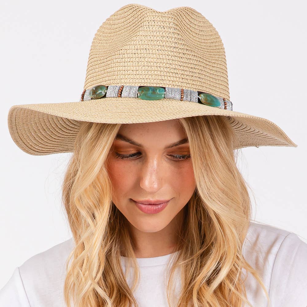 TURQUOISE BEADS BAND STRAW SUN HAT (MULTIPLE COLORS)