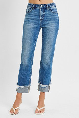 RISEN TUMMY CONTROL HIGH RISE CROP STRAIGHT CUFFED JEANS RISEN