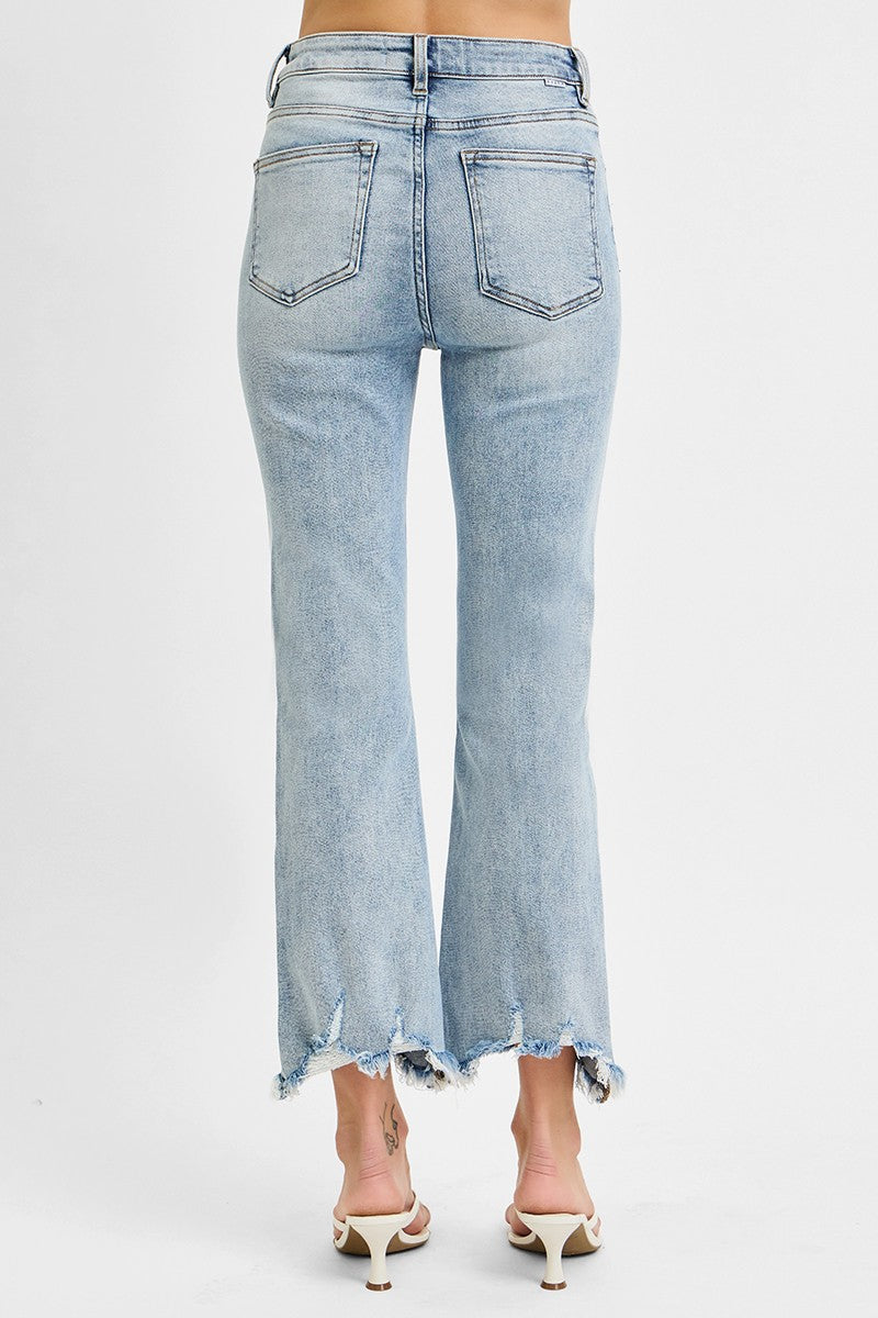 RISEN HIGH RISE CROP FLARE FRAYED HEM JEANS