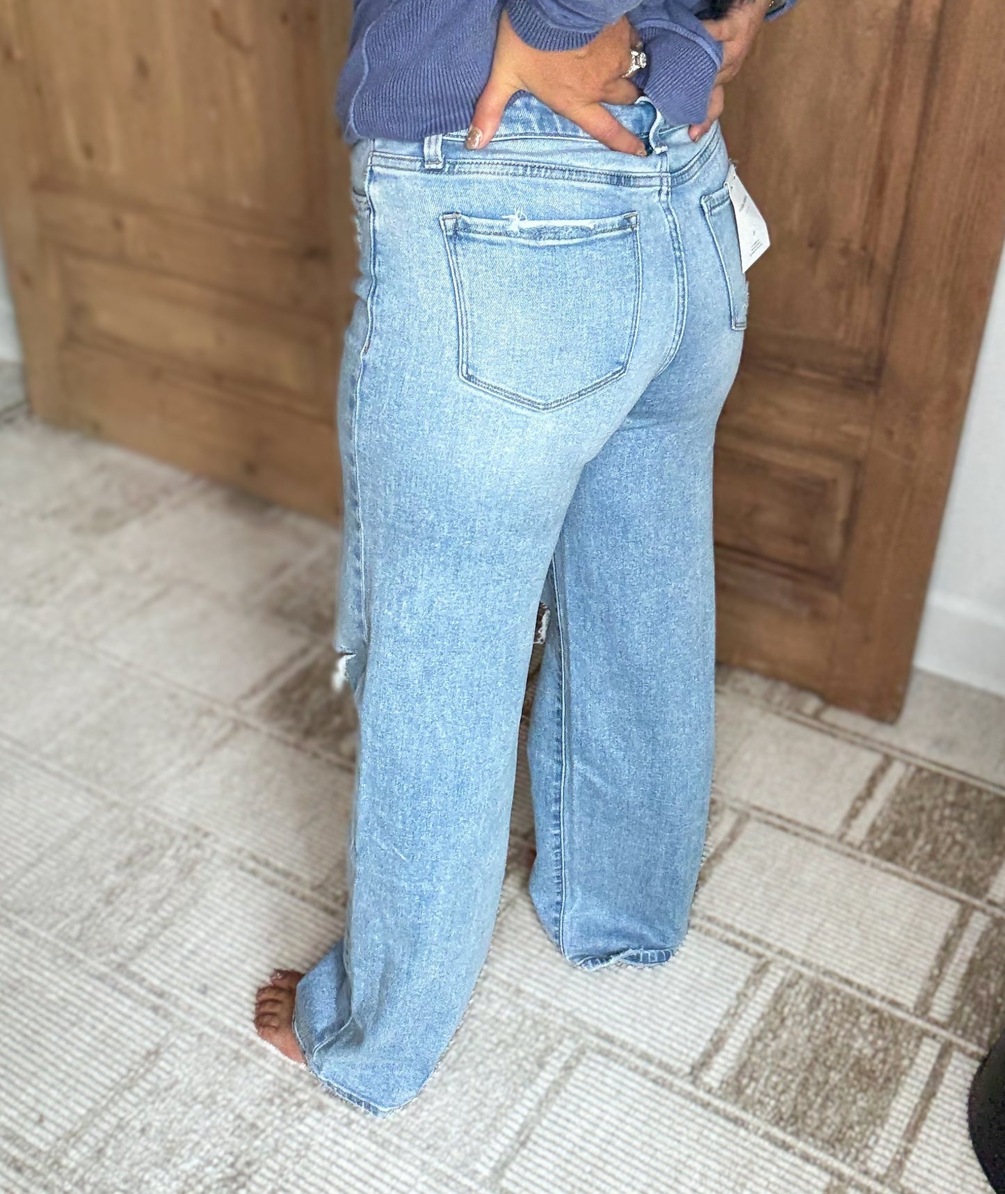 HIGH RISE DISTRESSED WIDE LEG DENIM- Flying Monkey