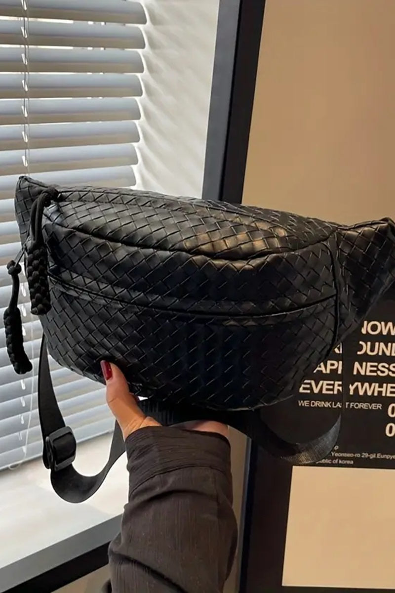 VEGAN LEATHER WOVEN ATLAS CROSSBODY BUM BAG BLACK