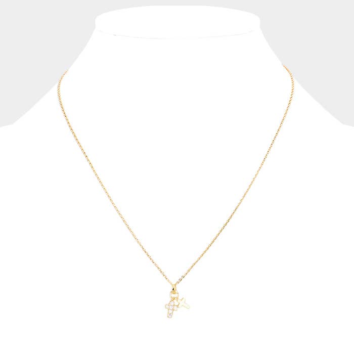 GOLD DIPPED CZ STONE PAVED DOUBLE CROSS PENDANT NECKLACE (SILVER & GOLD)