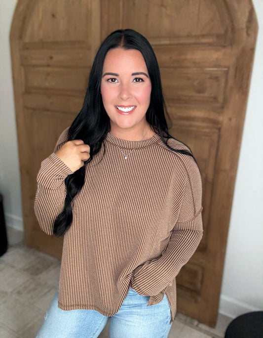 ON THE RUN RIBBED LONG SLEEVE STRETCHY TOP- Brown