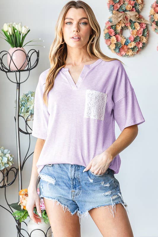 SOLID AND LACE TOP WITH POCKET: LILAC