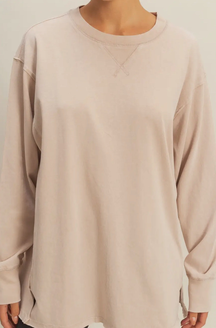 MINERAL WASHED DROP SLEEVE OVERSIZED LONG SLEEVE- Taupe