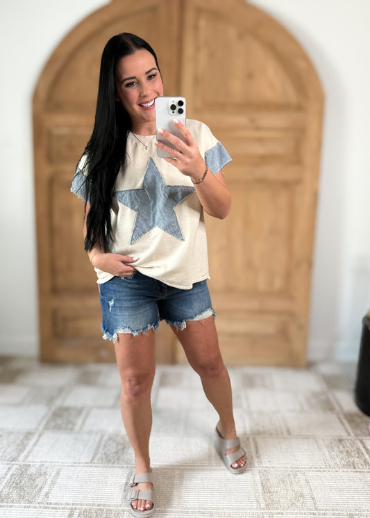 J.HER WASHED DENIM STAR SLEEVELESS TOP