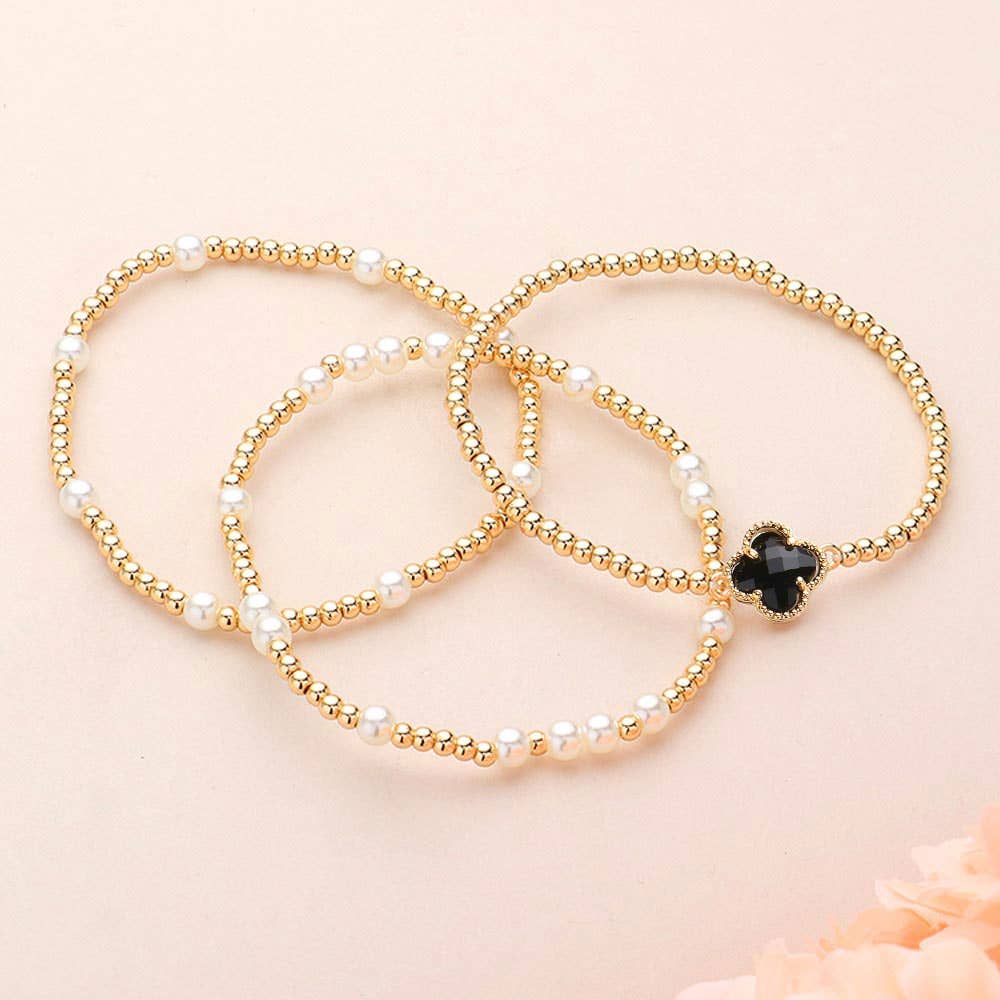 3PCS QUATREFOIL PEARL BEAD STRETCH MULTI LAYERED BRACELETS (MULTIPLE COLORS)