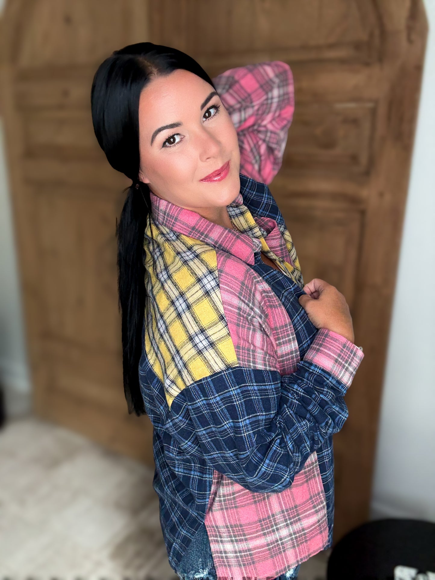NOT YOUR DADS FLANNEL-Blue/Pink/Yellow