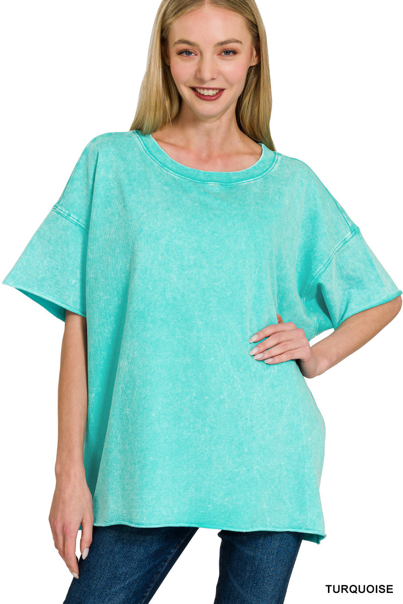 ZENANA FRENCH TERRY DROP SHOULDER RAW EDGE TOP