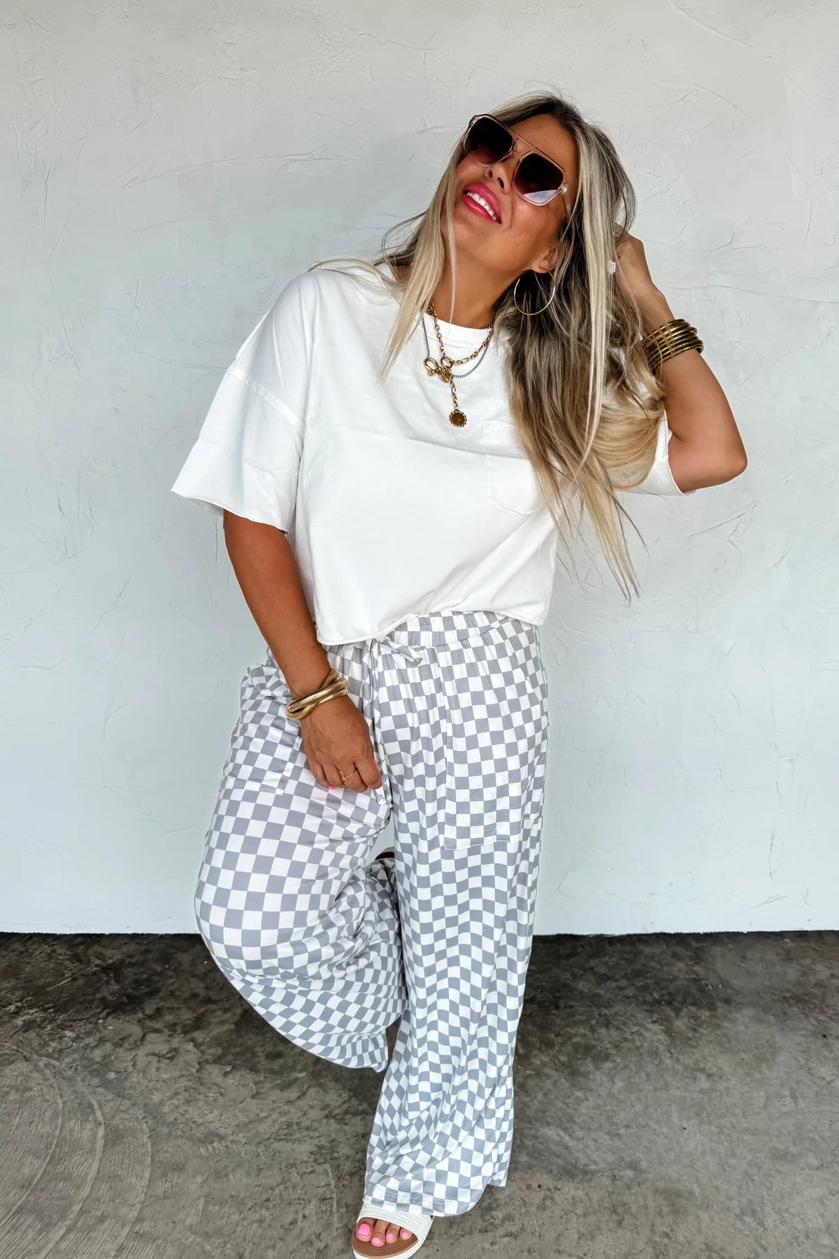 HADDIE WIDE LEG CHECKER PANTS