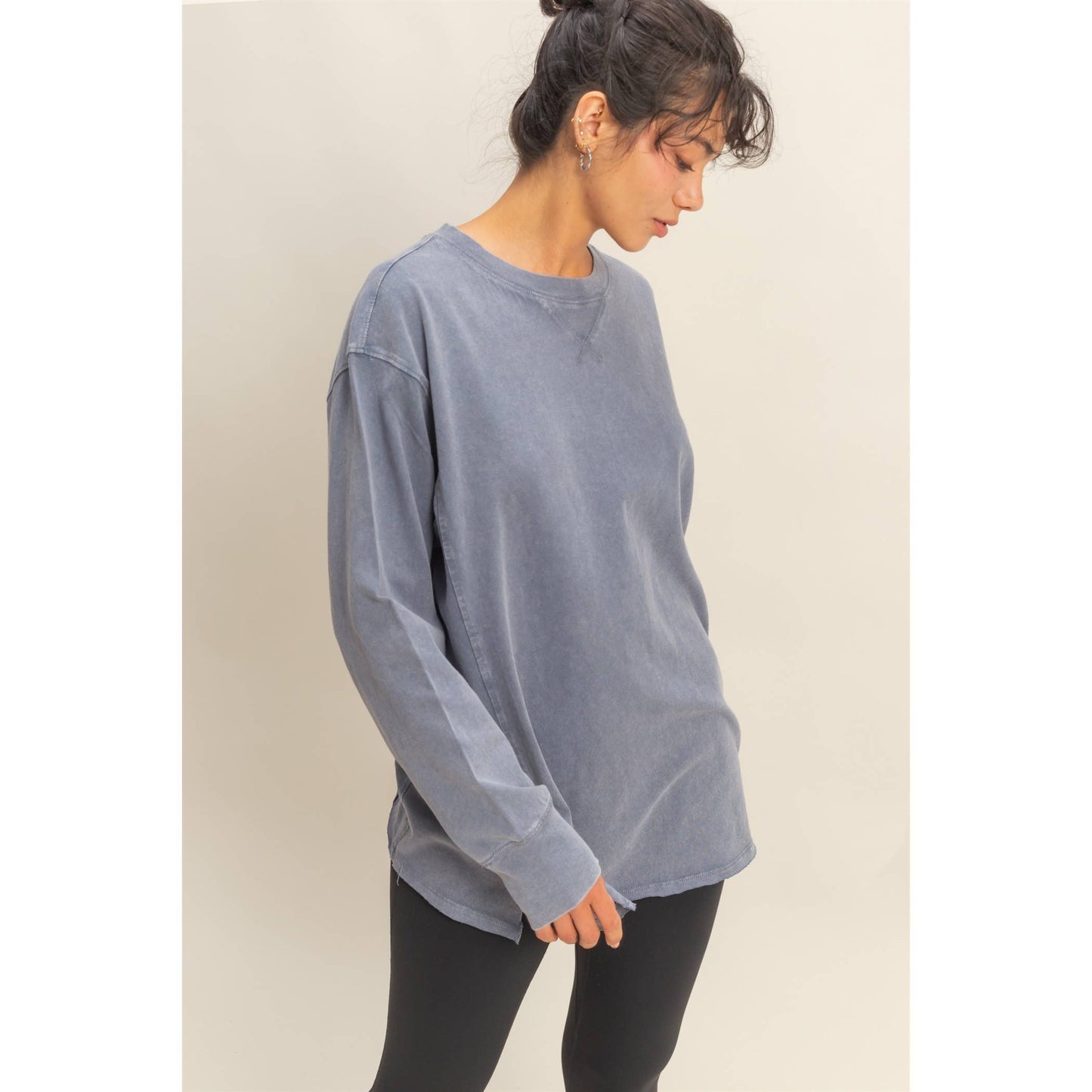 MINERAL WASHED DROP SLEEVE OVERSIZED LONG SLEEVE- Denim Blue