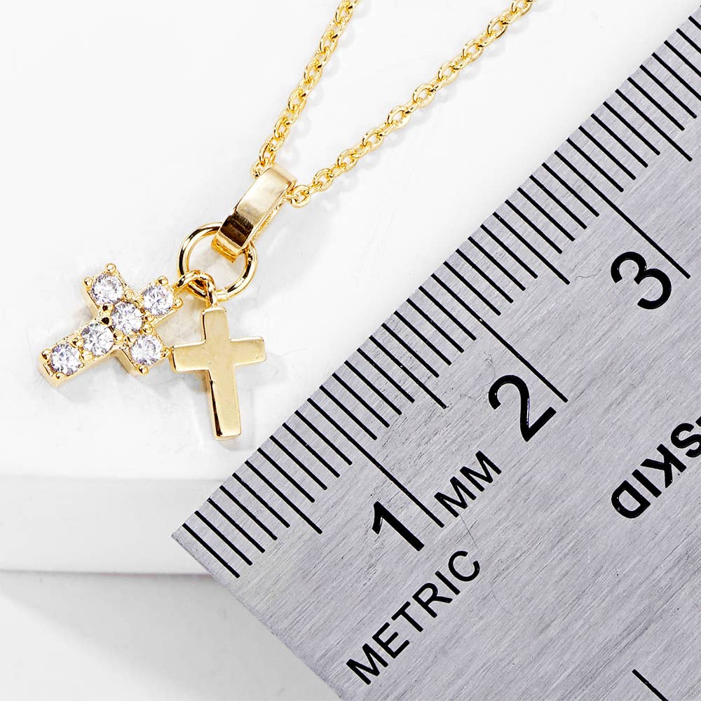 GOLD DIPPED CZ STONE PAVED DOUBLE CROSS PENDANT NECKLACE (SILVER & GOLD)