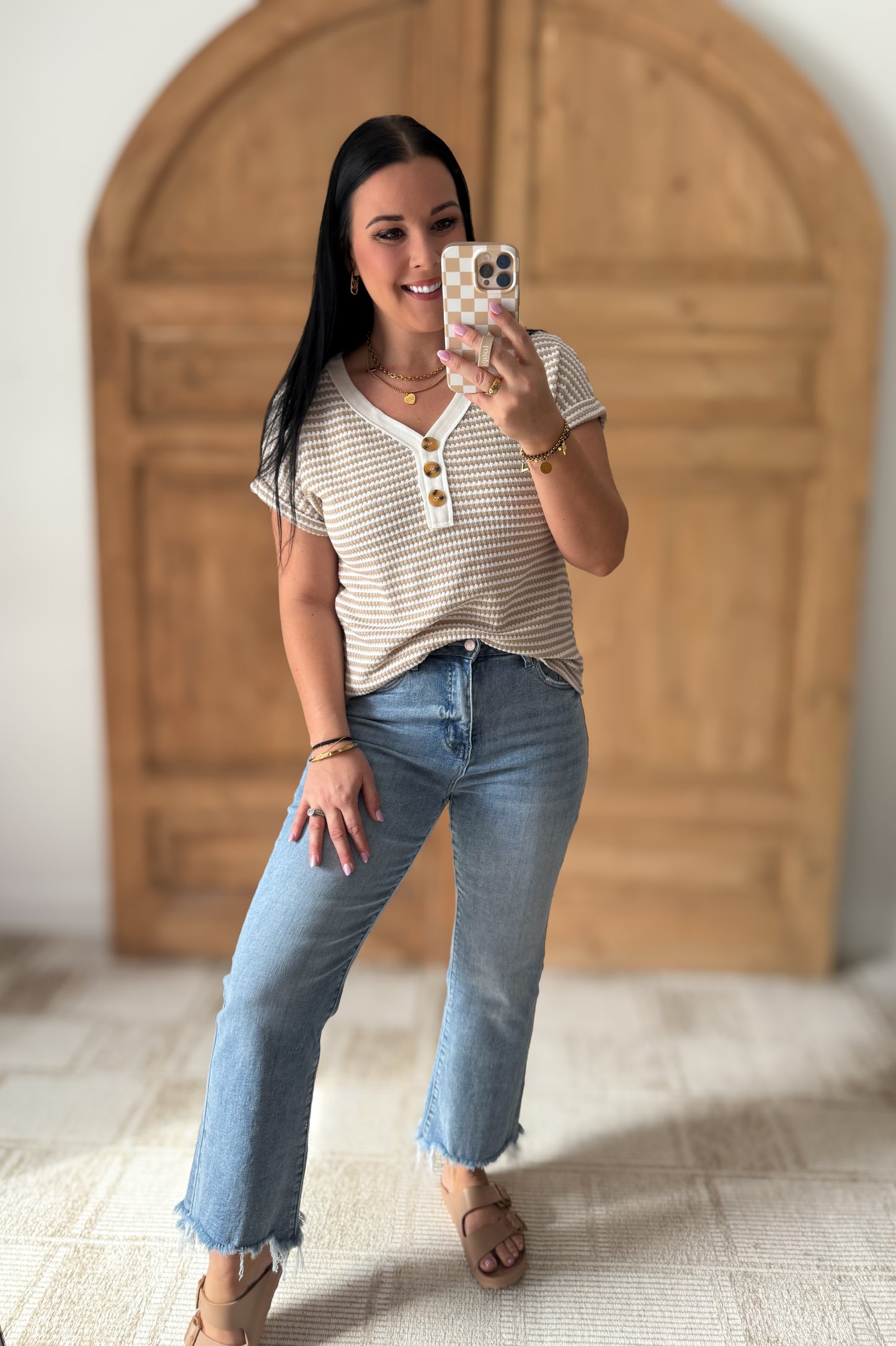 Stripe Buttoned Front V Neck T Shirt