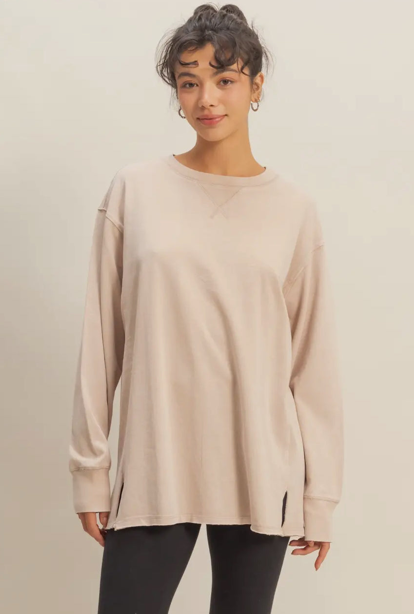 MINERAL WASHED DROP SLEEVE OVERSIZED LONG SLEEVE- Taupe