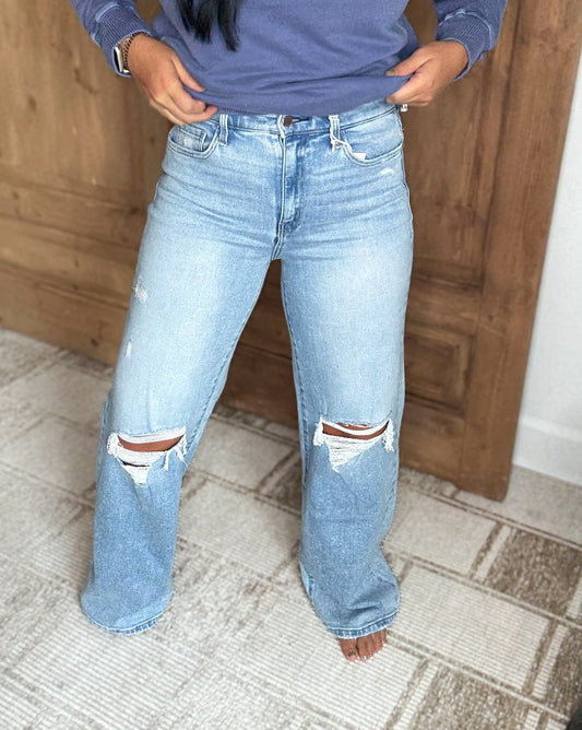 HIGH RISE DISTRESSED WIDE LEG DENIM- Flying Monkey