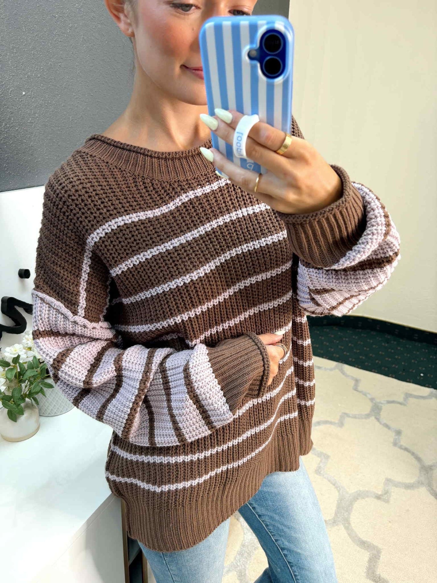 DREAMS COZY COCO LILAC STRIPE RELAXED SWEATER