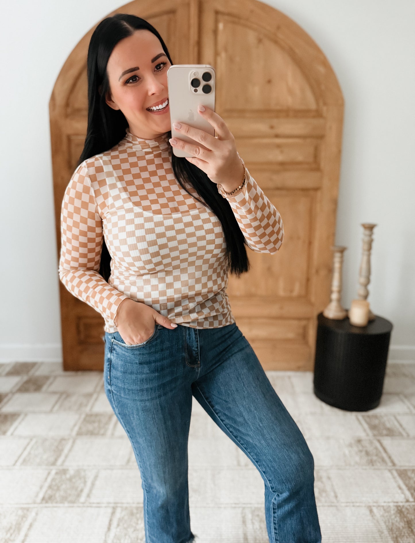 CHECKERBOARD PRINT MESH MOCK NECK TOP