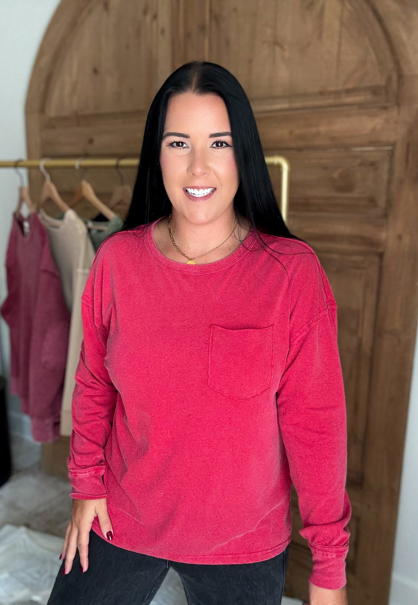 OVERSIZED WASHED POCKET LONG SLEEVE TOP- RED
