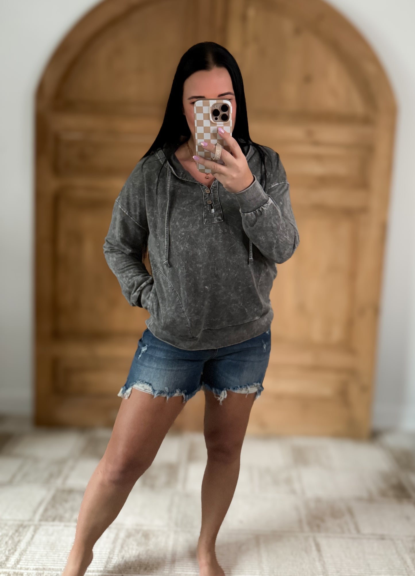 WASHED HOODED HENLEY KNIT SWEATER: BLACK