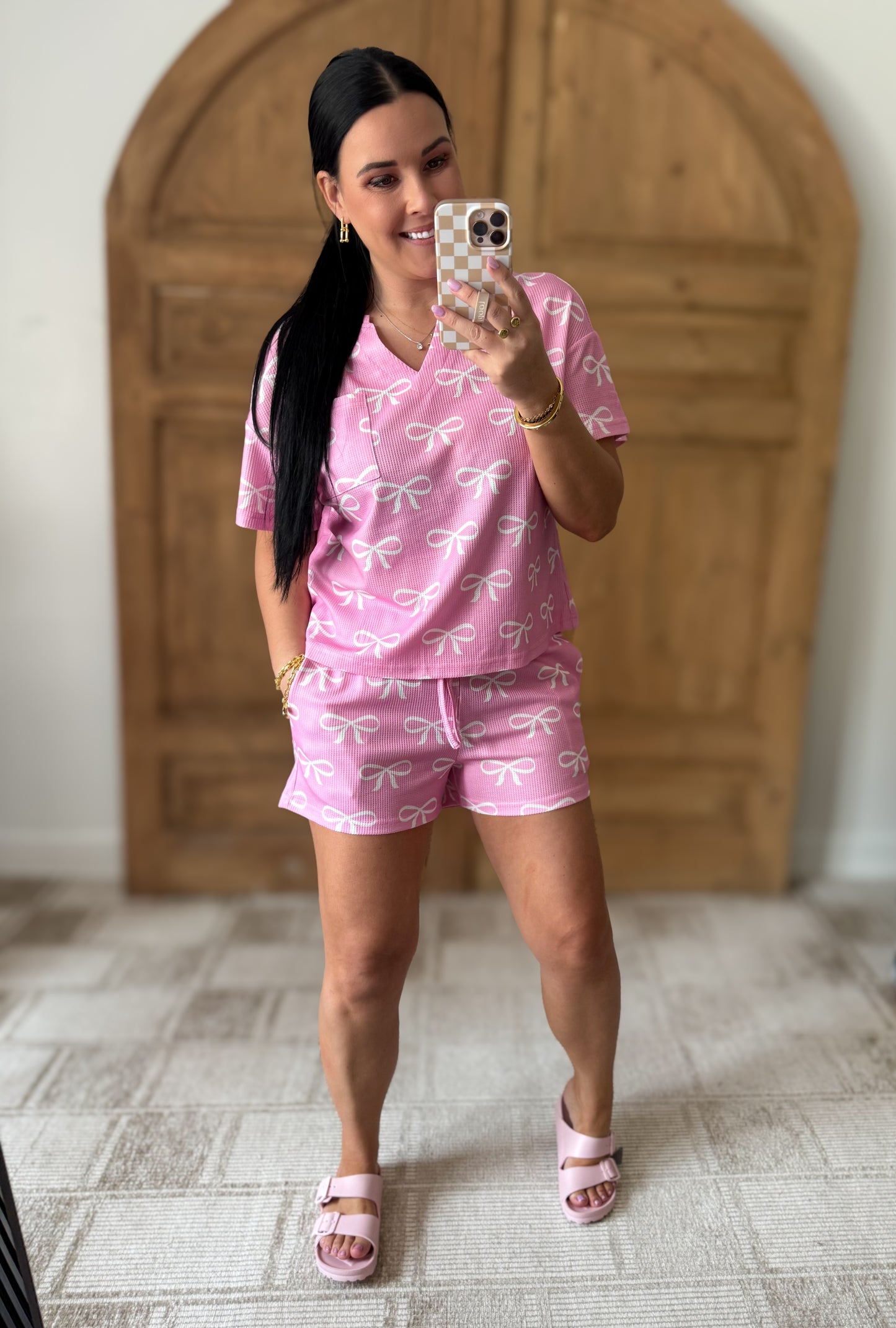 Bowknot Printed Notched T-Shirt and Shorts Set