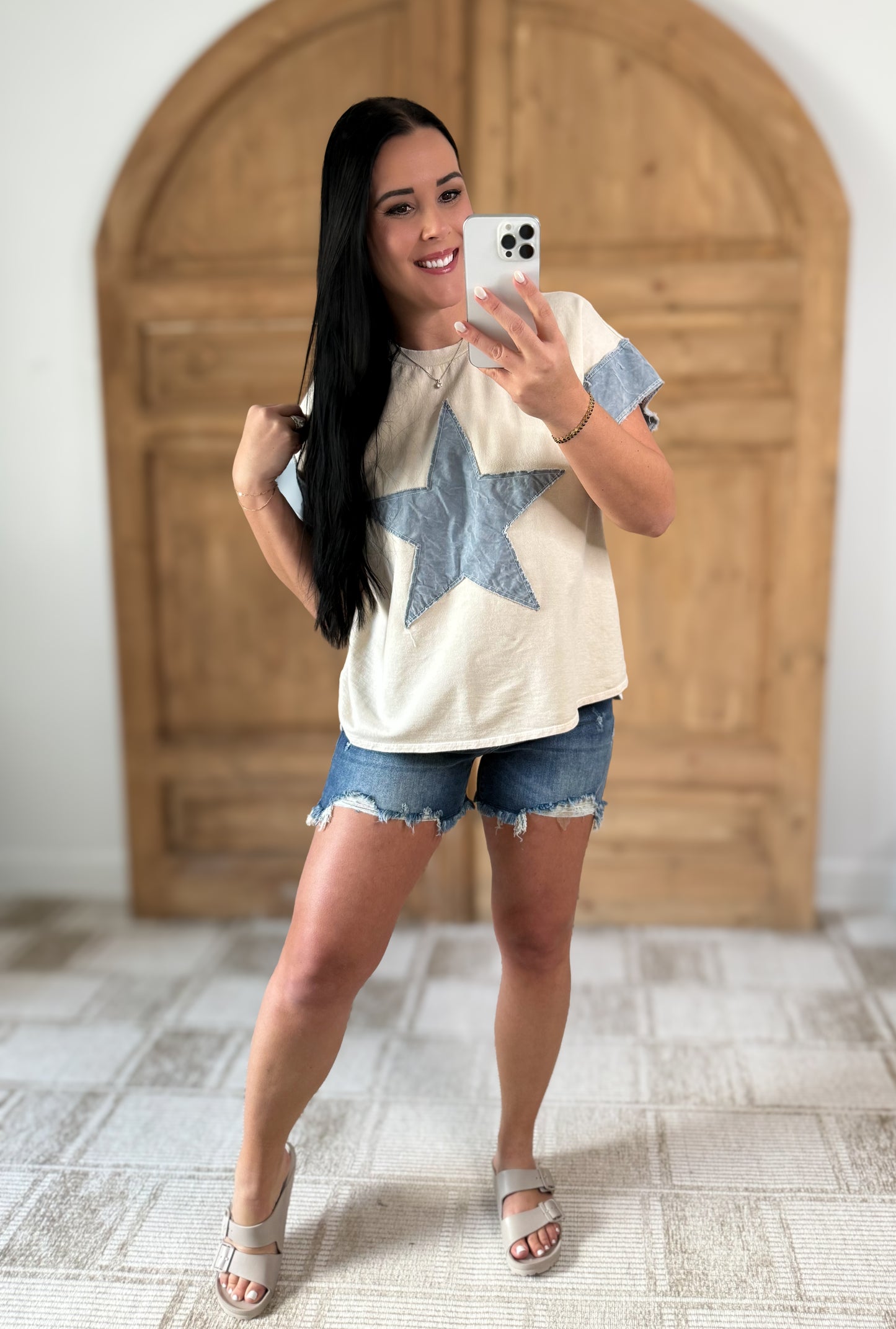 J.HER WASHED DENIM STAR SLEEVELESS TOP