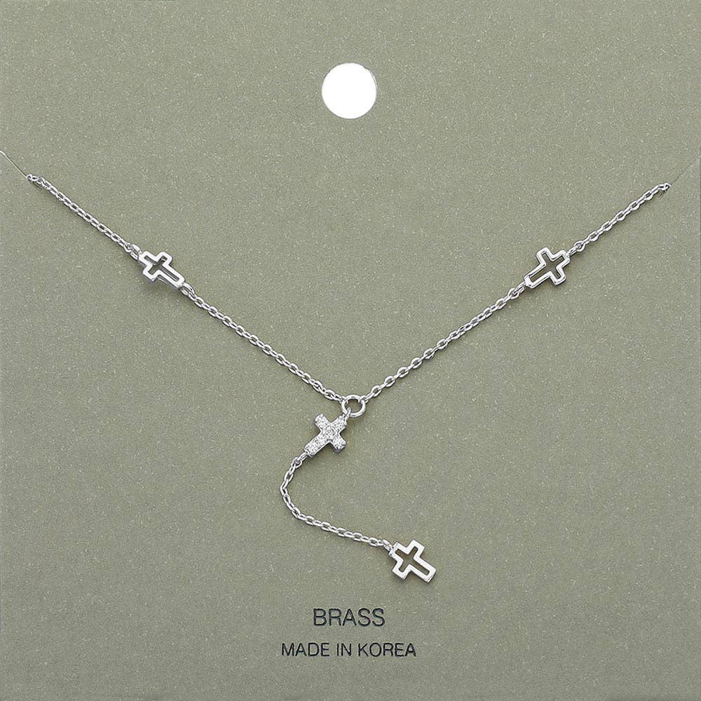 STONE PAVED CROSSS POINTED Y SHAPED NECKLACE (SILVER & GOLD)